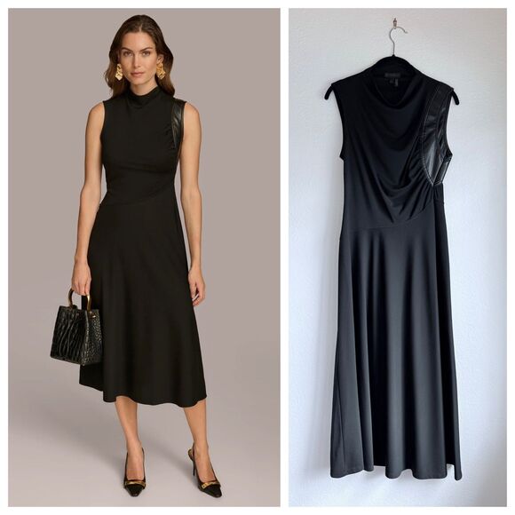 NWOT Donna Karan Mock Neck A-Line Midi Dress with Faux Leather Trim in Black 6 - Picture 1 of 15